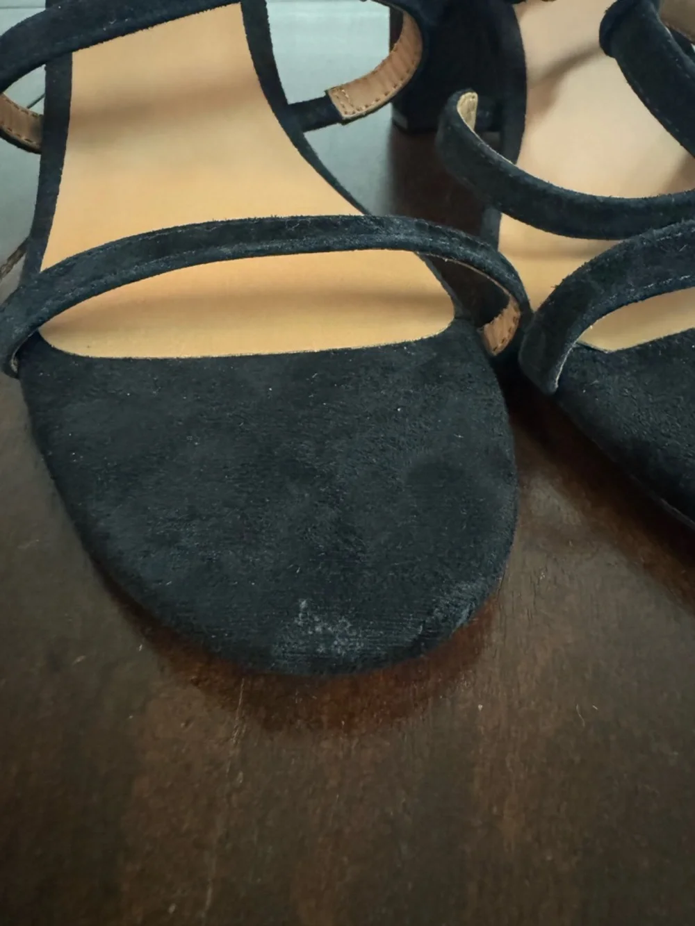 Kurt Geiger Black Strappy Velvet Block Heel Sandal with Gold Accents - Picture 7 of 7